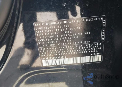 2019 Volkswagen Tiguan 2.0T Se/2.0T Sel/2.0T Sel R-Line/2.0T Sel R-Line Black из США, поврежденный, VIN 3VV3B7AX6KM098772